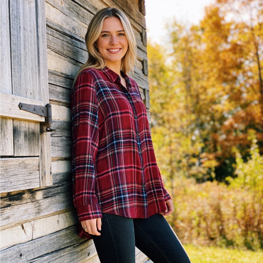 Lucky Brand Red Plaid Flannel Button Up Shirt Soft Women’s Small - Picture 1 of 7